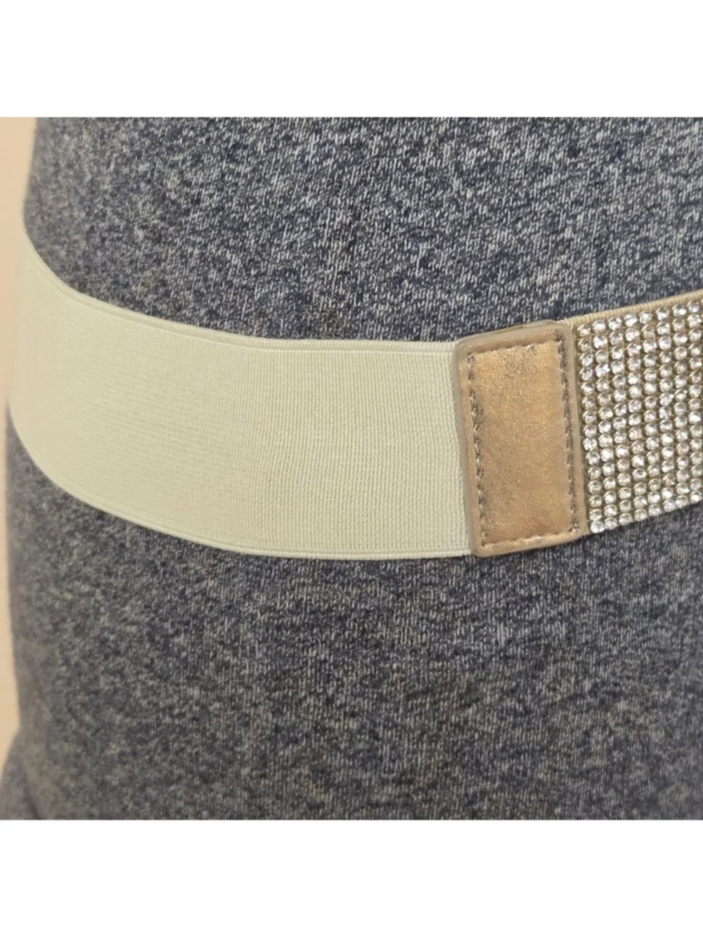 Rhinestone Waist Belt Womens Elastic Faux Leather Snap Closure Cream Vintage